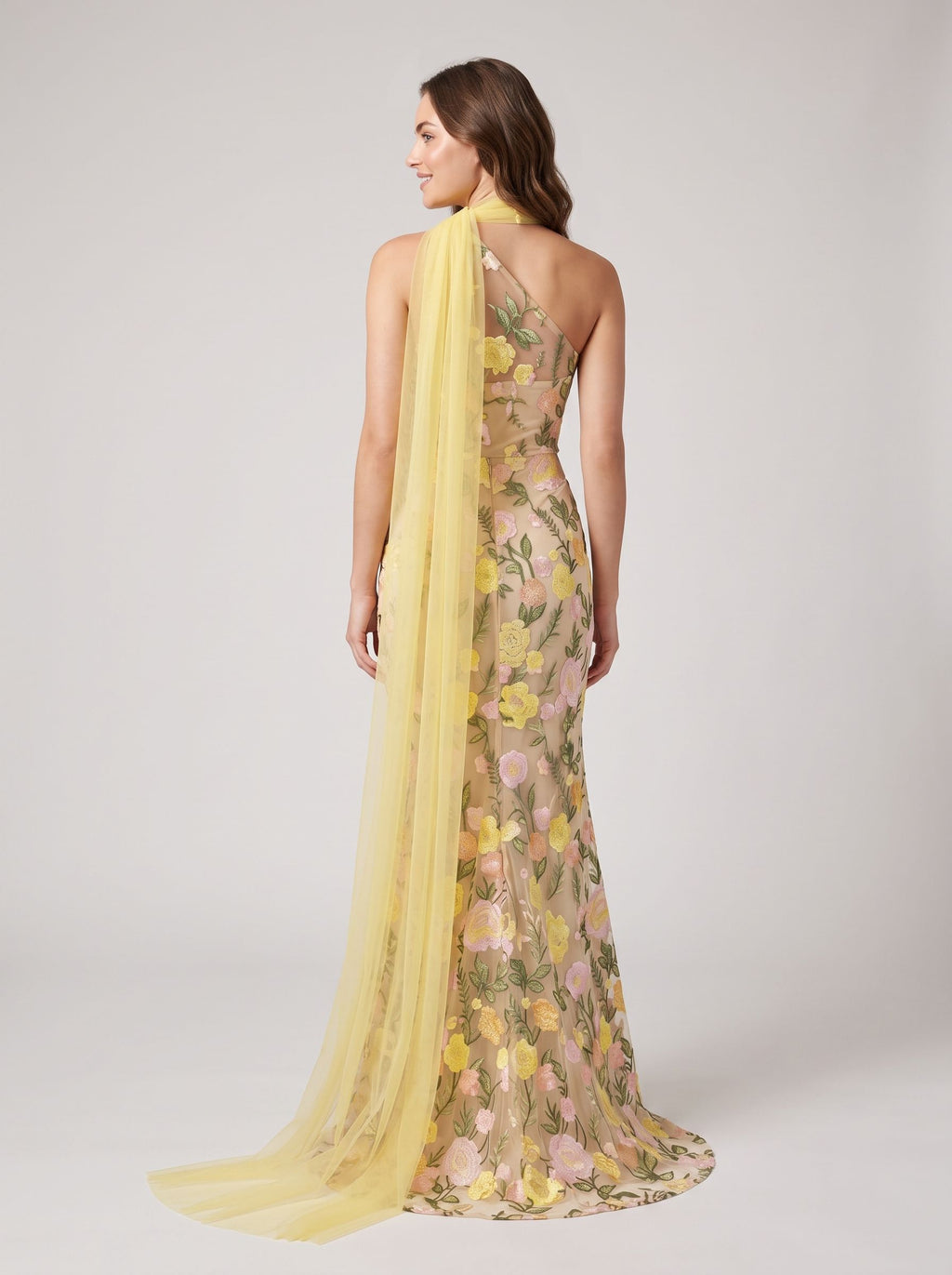 Yellow Floral Mesh with Embroidery Mermaid One Shoulder Floor Length Dress Back View - Jimiss