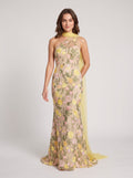 Yellow Floral Mesh with Embroidery Mermaid One Shoulder Floor Length Dress Front View - Jimiss