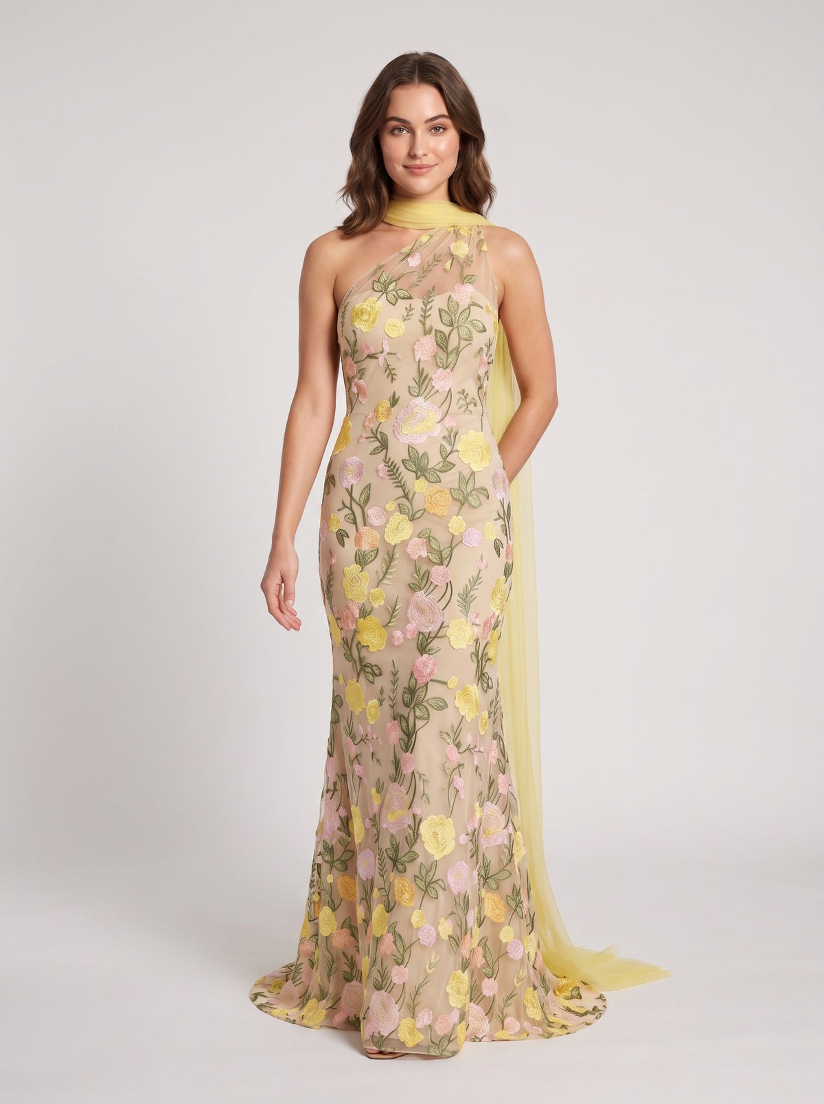 Yellow Floral Mesh with Embroidery Mermaid One Shoulder Floor Length Dress Front View - Jimiss