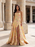 Yellow Floral Satin A-Line Straight Neck Back Zip Floor-Length Dress - Jimiss
