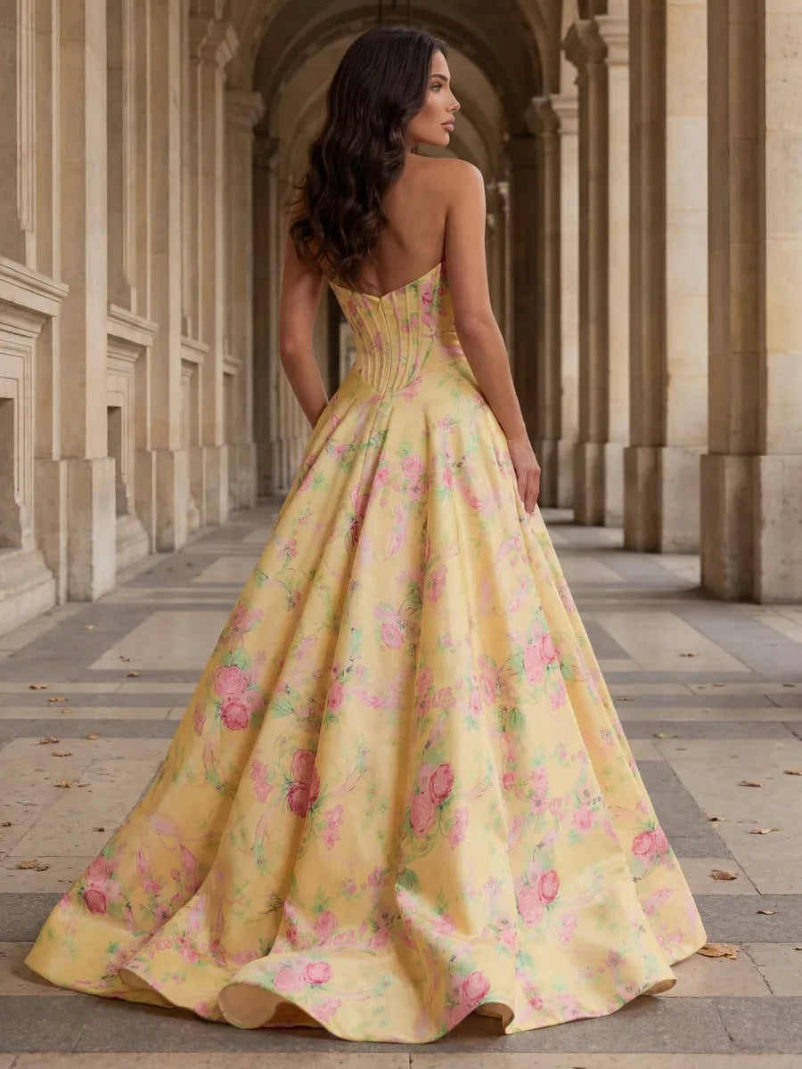 Yellow Floral Satin A-Line Straight Neck Back Zip Floor-Length Dress - Jimiss