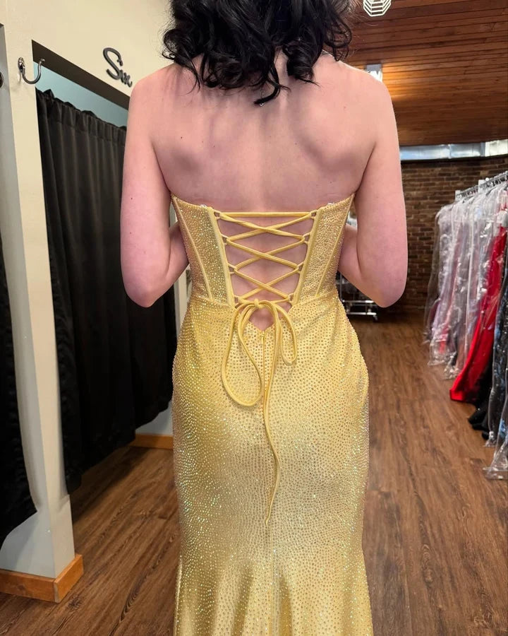Yellow Glitter Fabric sheath-column strapless lace-up-back high-low Dress Back View - Jimiss