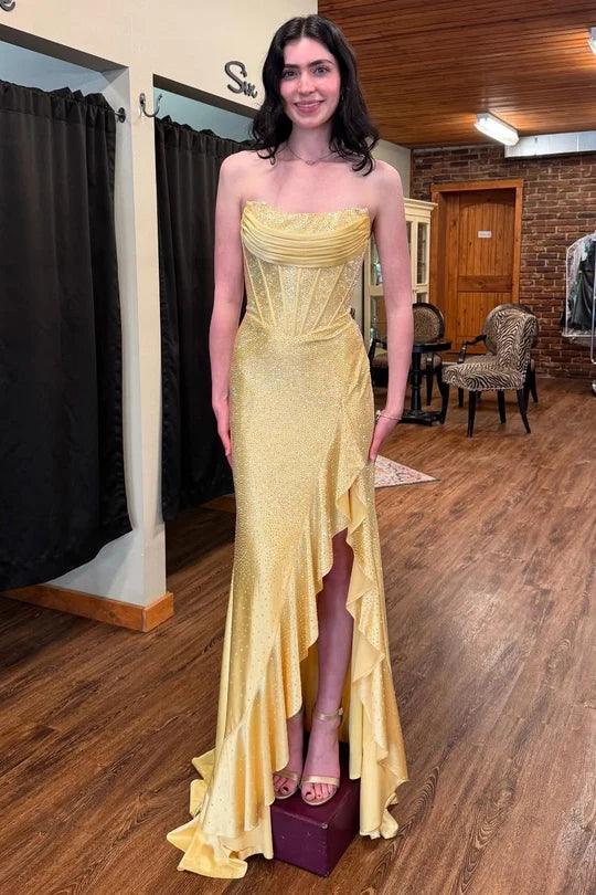 Yellow Glitter Fabric sheath-column strapless lace-up-back high-low Dress Front View - Jimiss