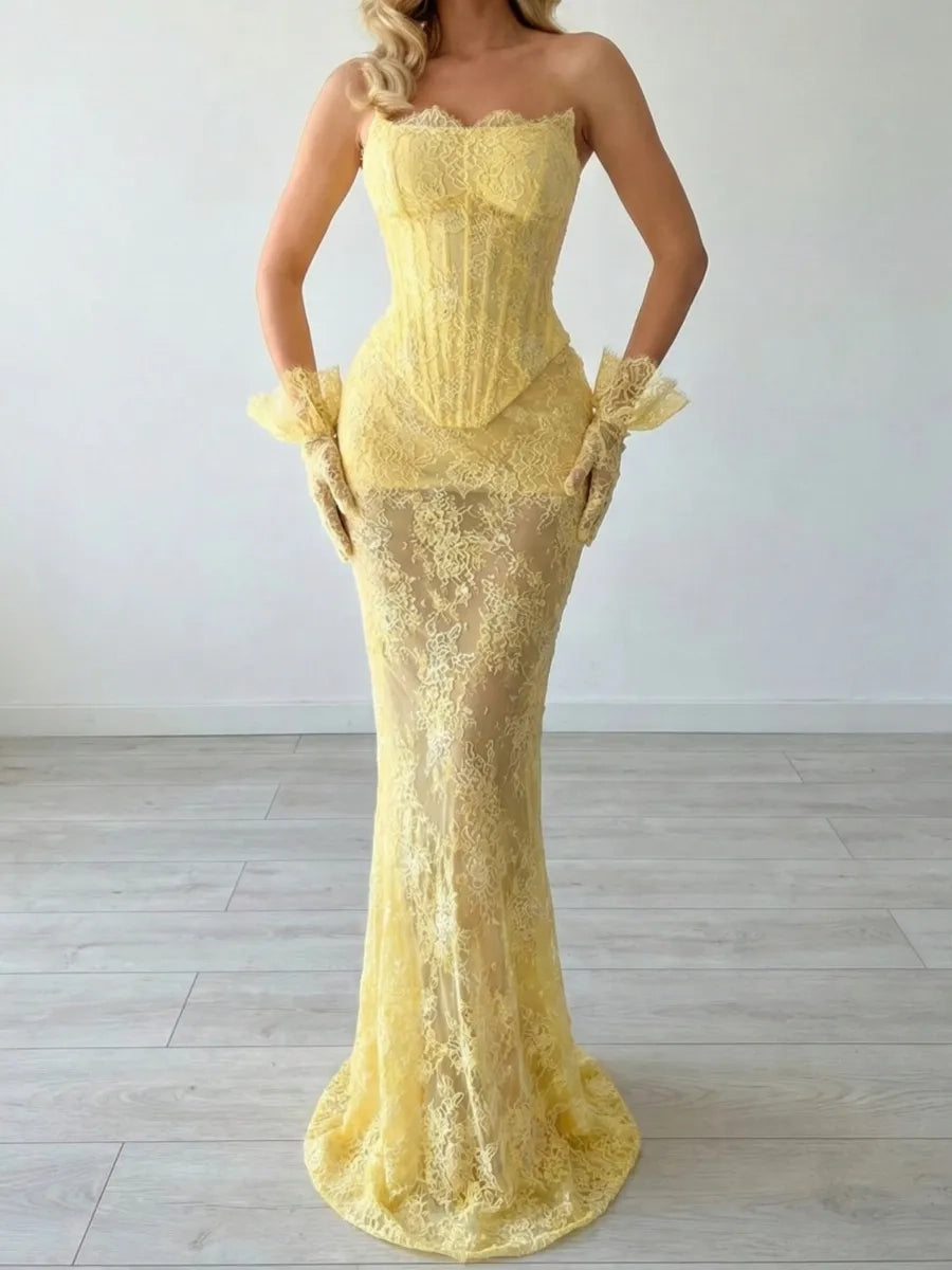 Yellow Lace Sheath Column Sweetheart Zipper Back Floor-Length Dress - Jimiss