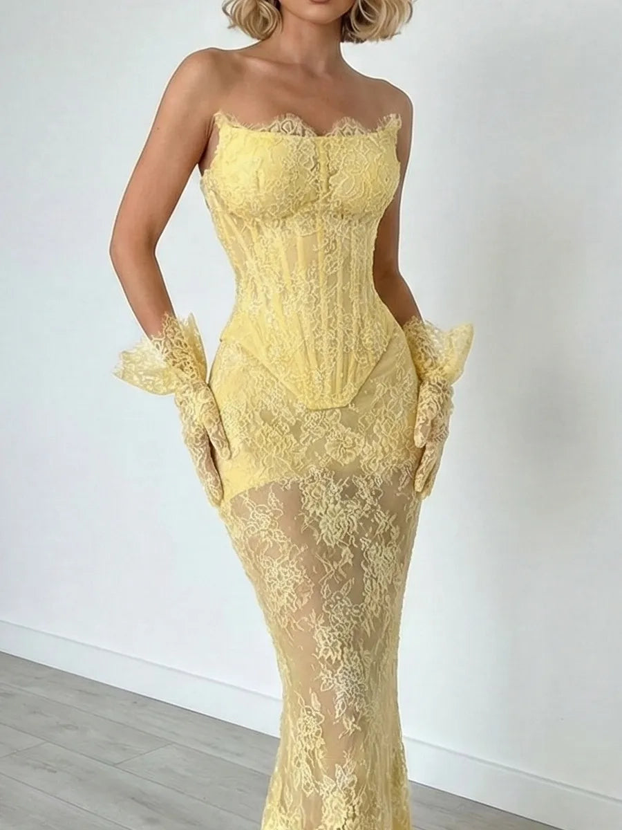 Yellow Lace Sheath Column Sweetheart Zipper Back Floor-Length Dress - Jimiss