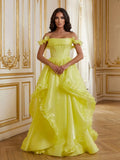 Yellow Organza Ball Gown Off the Shoulder Zipper Back Floor Length Dress - Jimiss