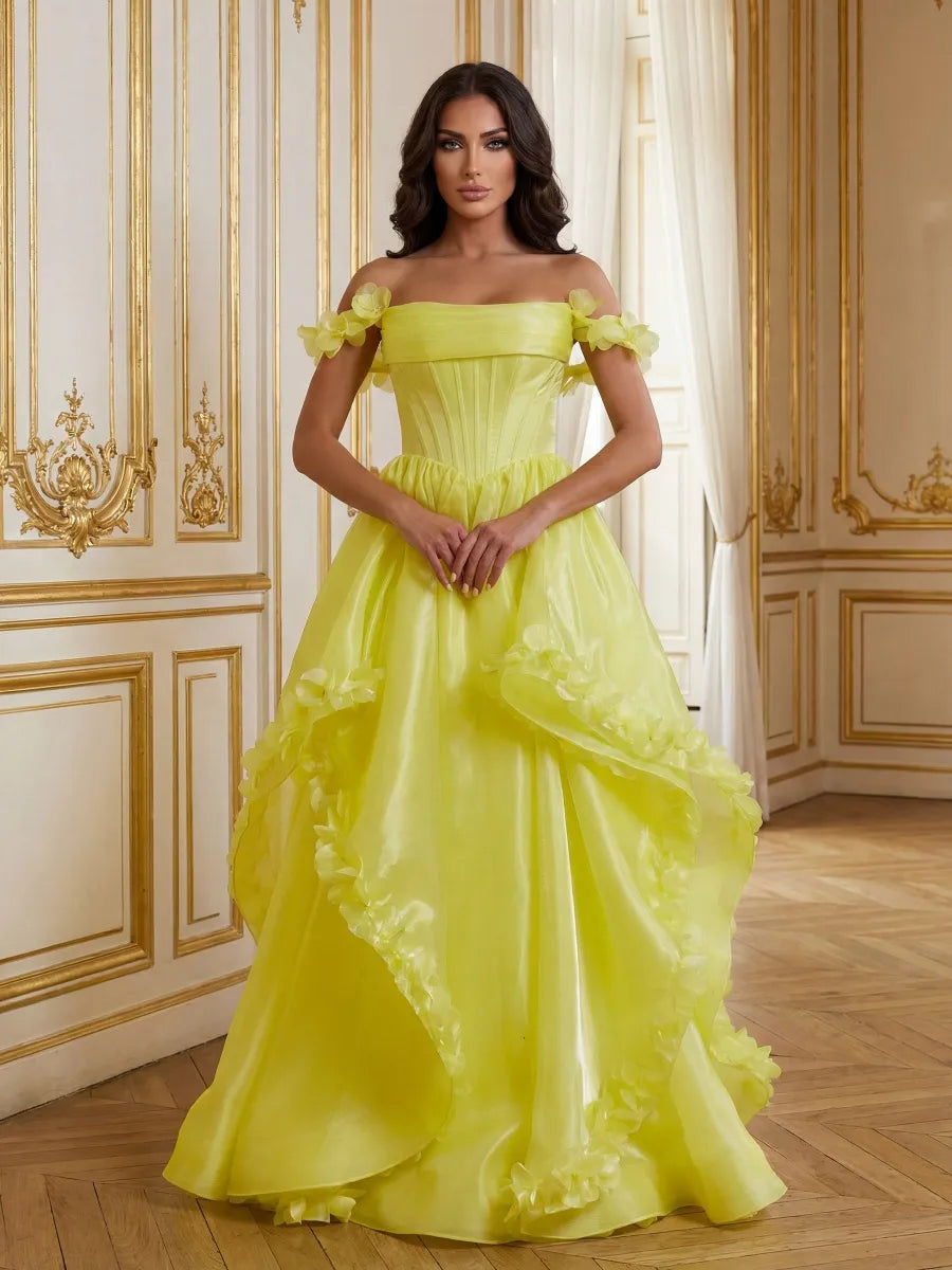 Yellow Organza Ball Gown Off the Shoulder Zipper Back Floor Length Dress - Jimiss