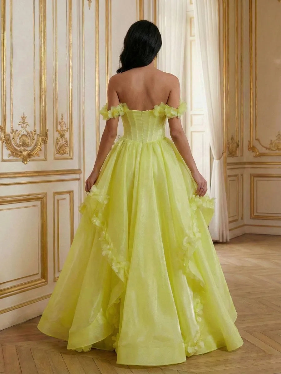 Yellow Organza Ball Gown Off the Shoulder Zipper Back Floor Length Dress - Jimiss