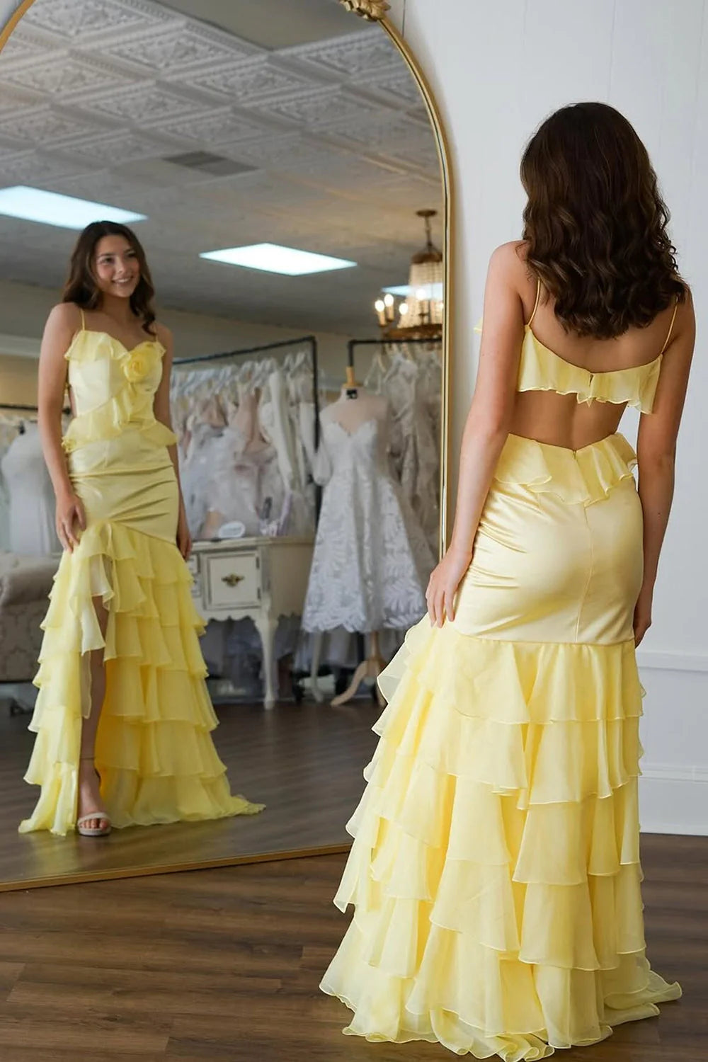 Yellow Satin and Chiffon tiered sweetheart open-back floor-length Dress Back View - Jimiss