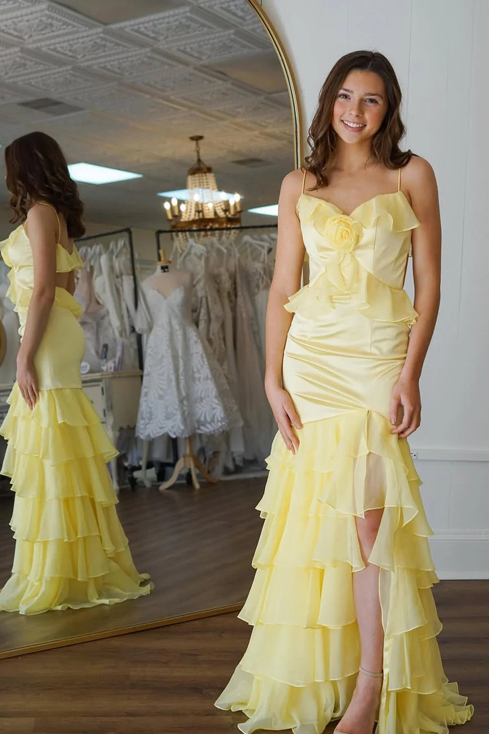 Yellow Satin and Chiffon tiered sweetheart open-back floor-length Dress Front View - Jimiss