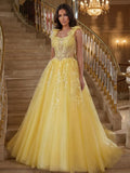 Yellow Tulle ball-gown square-neck low-back floor-length Dress - Jimiss
