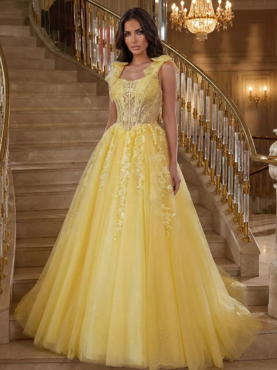 Yellow Tulle ball-gown square-neck low-back floor-length Dress - Jimiss