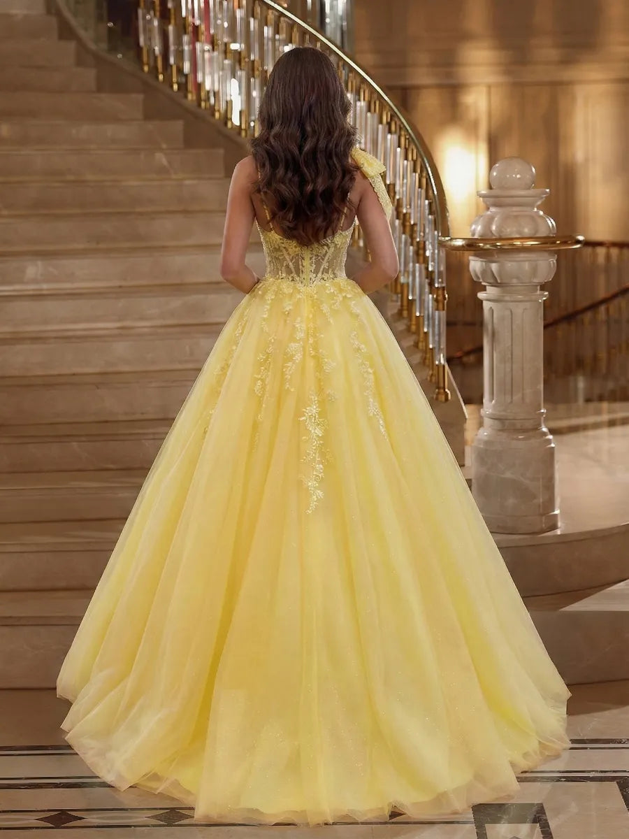 Yellow Tulle ball-gown square-neck low-back floor-length Dress - Jimiss