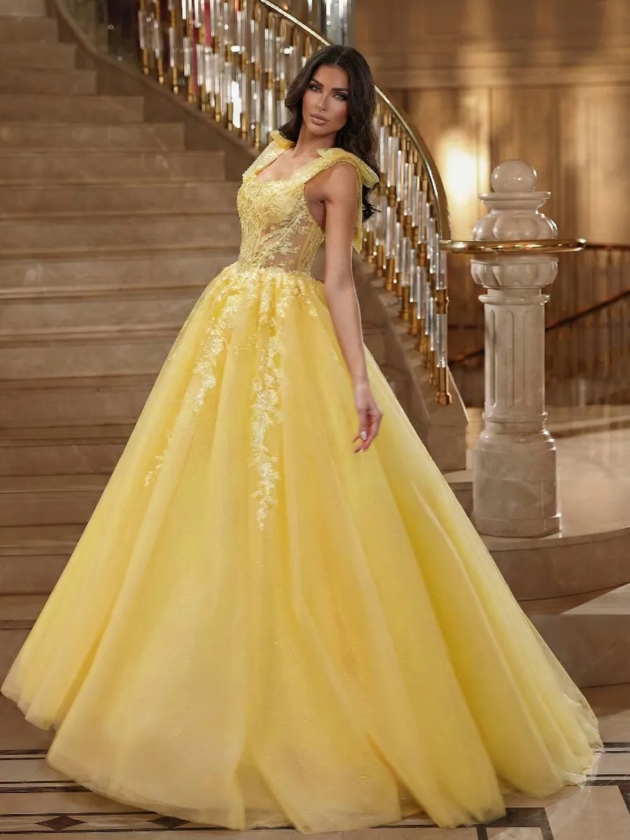 Yellow Tulle ball-gown square-neck low-back floor-length Dress - Jimiss