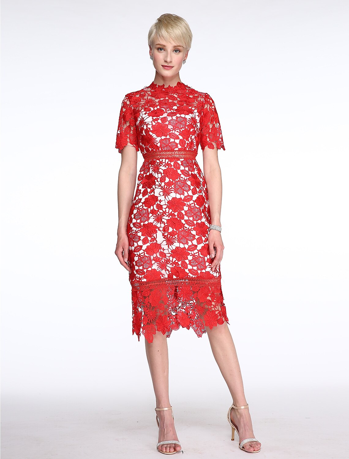 Abito da madre della sposa a tubino/colonna, trasparente, collo alto, lunghezza al ginocchio, pizzo, maniche corte, senza pizzo