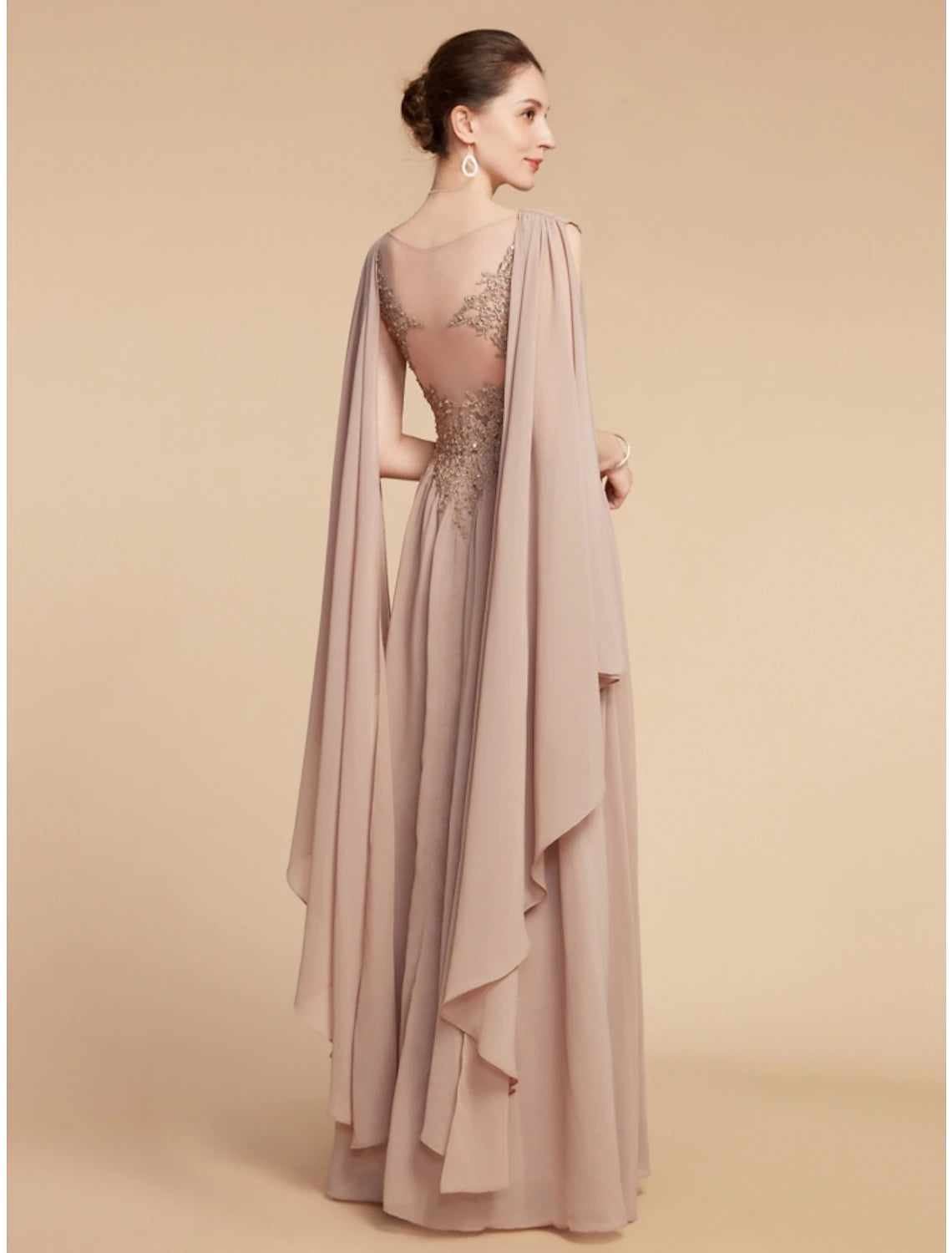 Abito da cerimonia per la madre della sposa, a trapezio, elegante, con scollo a V, lunghezza alla caviglia, in chiffon, pizzo, senza maniche, con arricciature, tinta unita