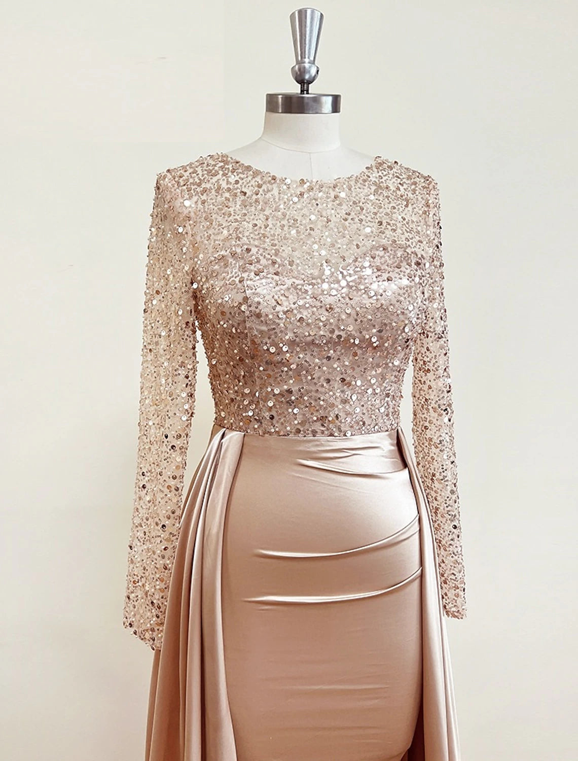 Vestido de noche de sirena con lentejuelas y fruncido de satén, mangas largas hasta el suelo, cuello ilusión brillante, vestido de invitada de boda de otoño con sobrefalda de perlas