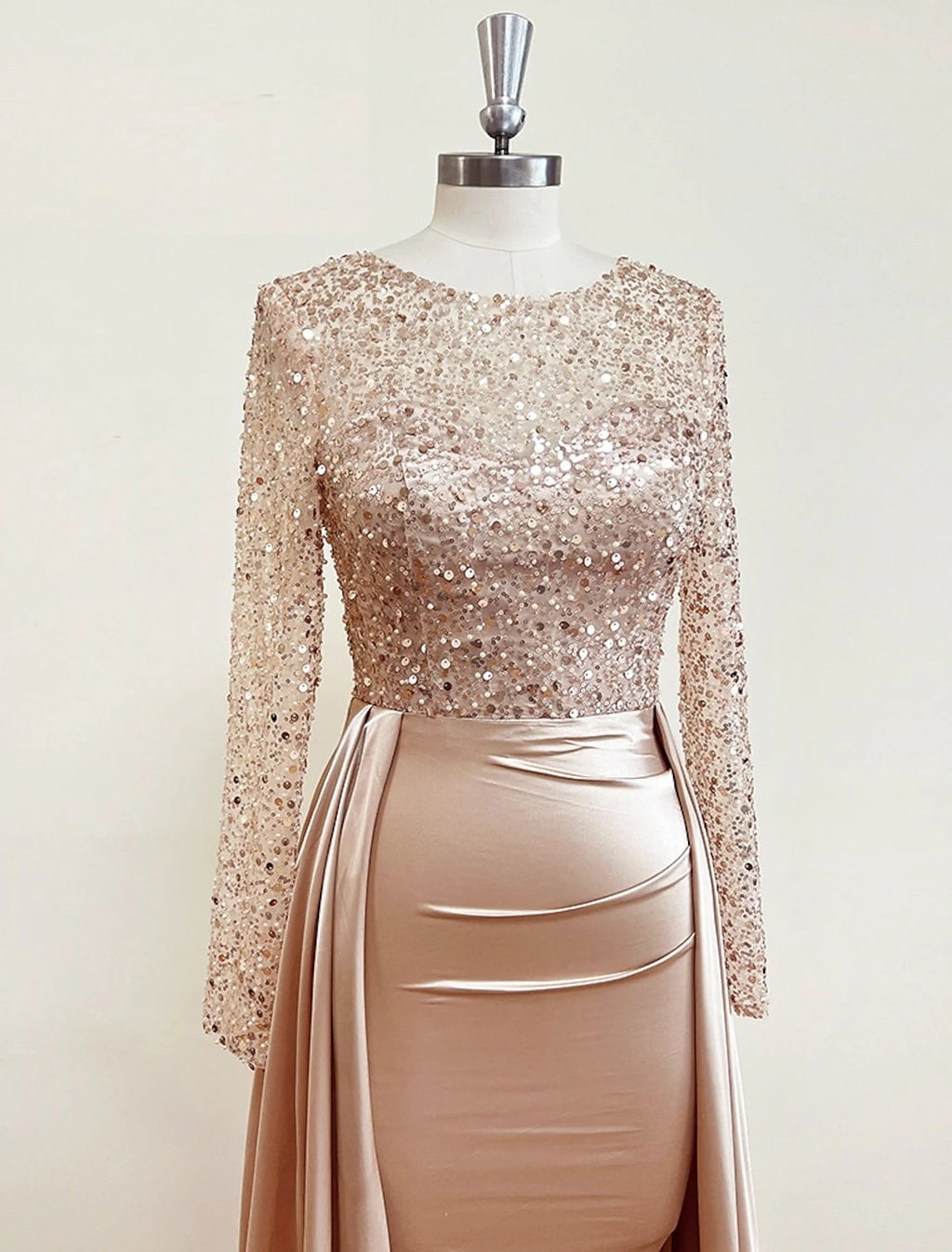 Ivory Satin Sheath/Column Gown with Illusion Sequin Sleeves