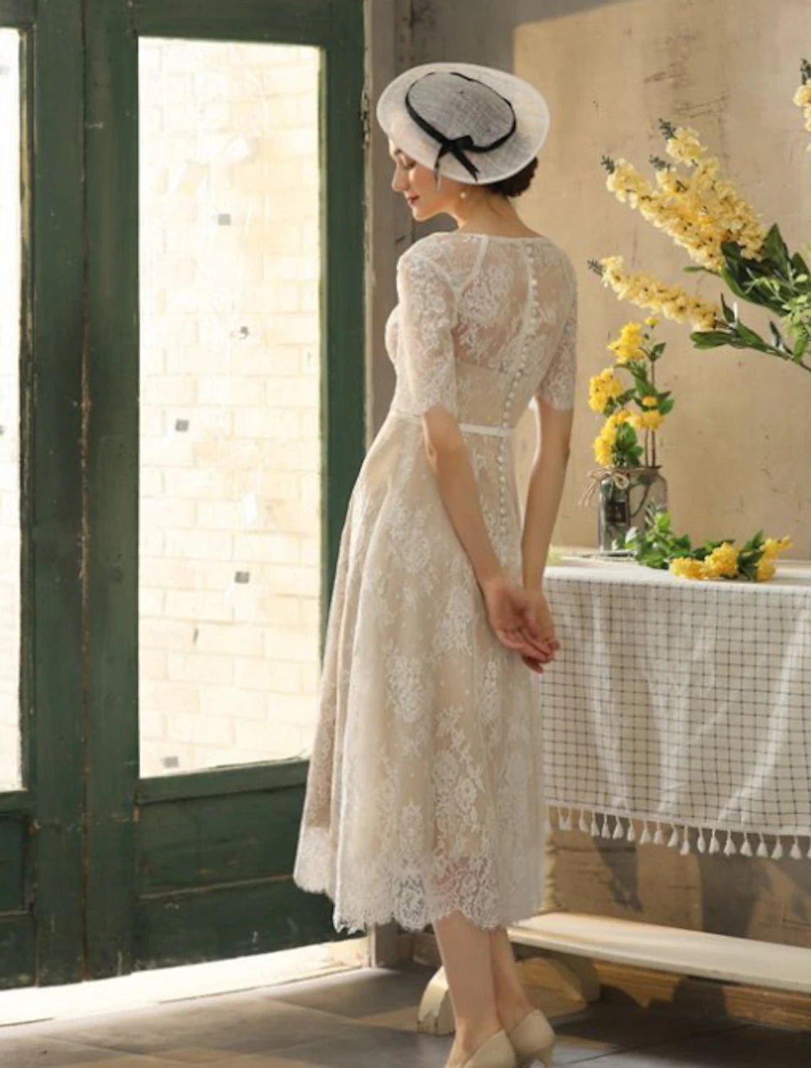 Ivory Lace Tea-Length Bridesmaid Dress with Boat Neck & Back Zip