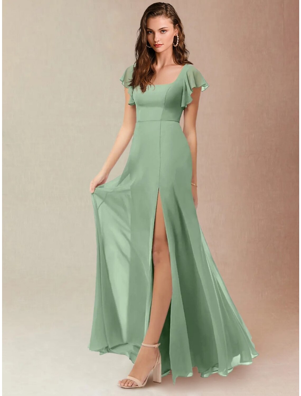 Sage Green Chiffon A-Line Floor-Length Dress with Square Neck, Flutter Sleeves & High Slit