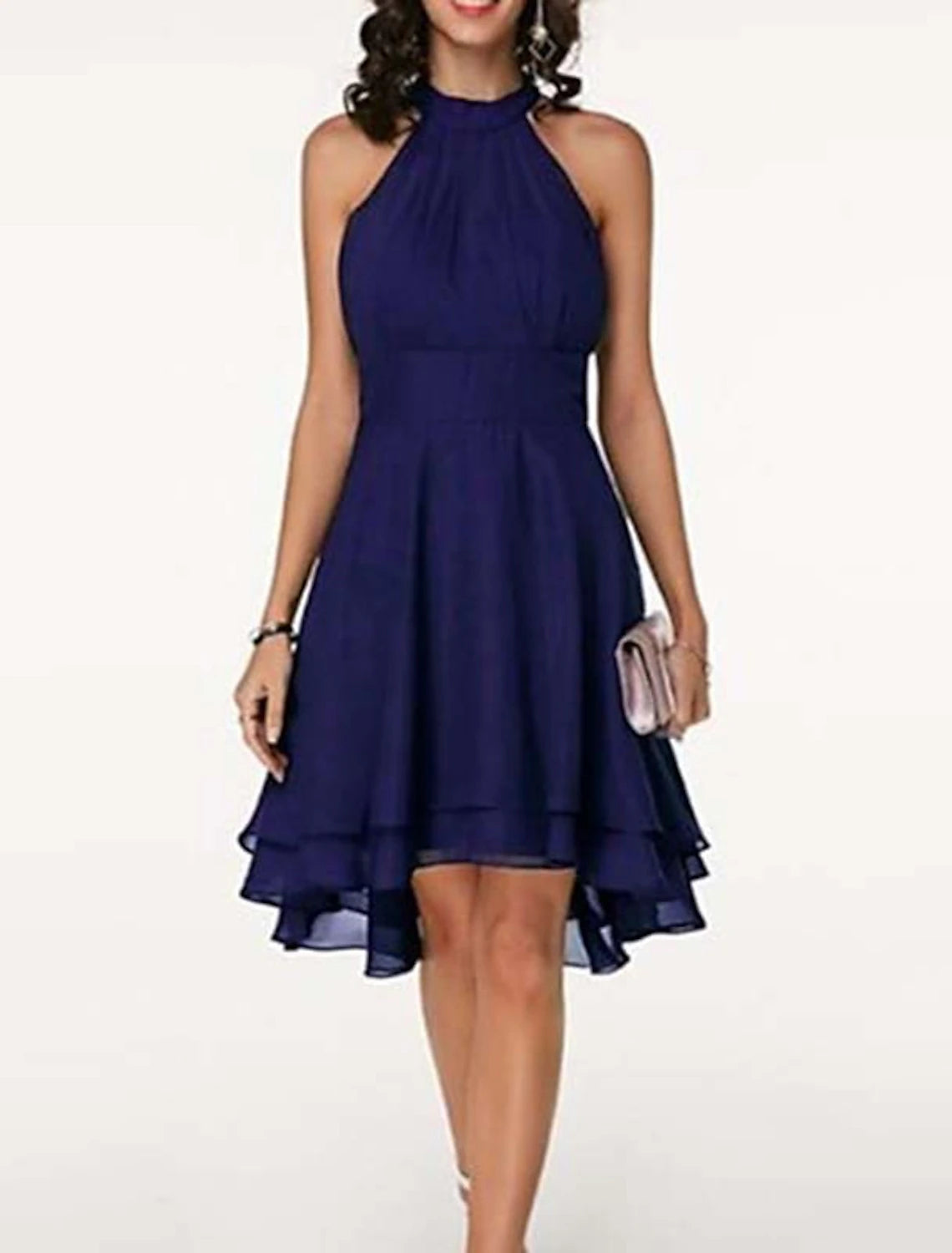 Abiti da festa a trapezio, abiti casual, da invitata a nozze, estivi, lunghezza al ginocchio, senza maniche, scollo all'americana, in chiffon, schiena a V con volant