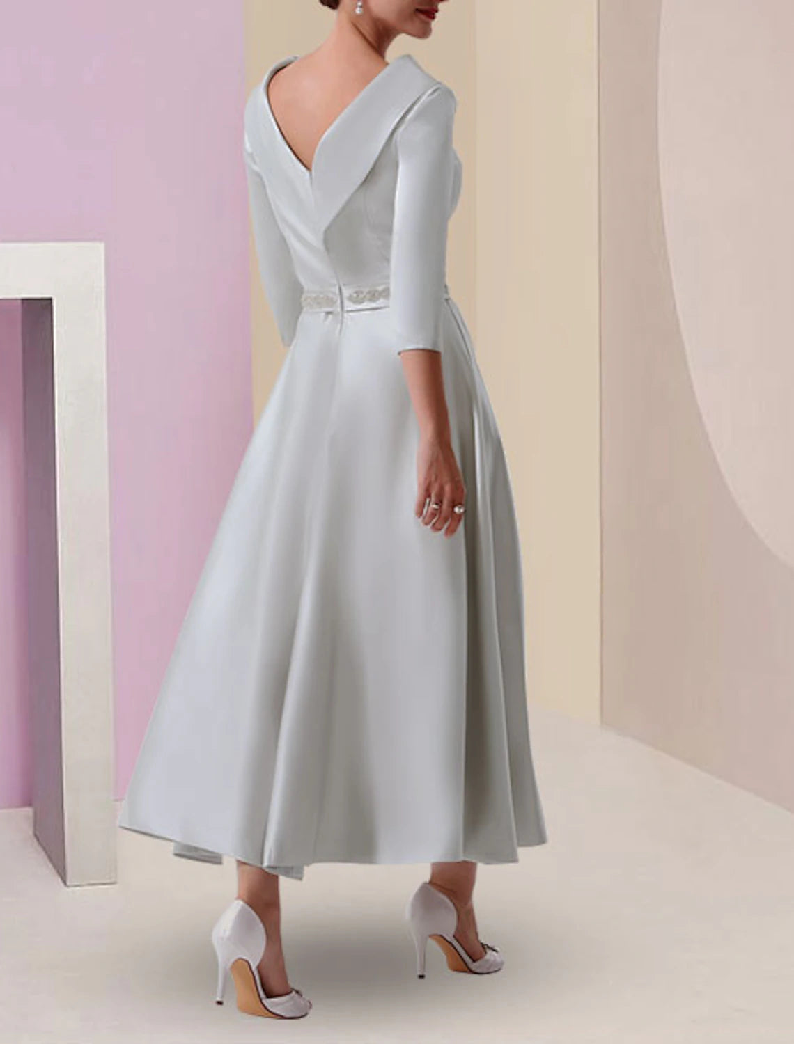 Abito da cerimonia per la madre della sposa, a trapezio, elegante, vintage, taglie forti, con scollo a barca, lunghezza tè, in raso, manica a 3/4 con perline
