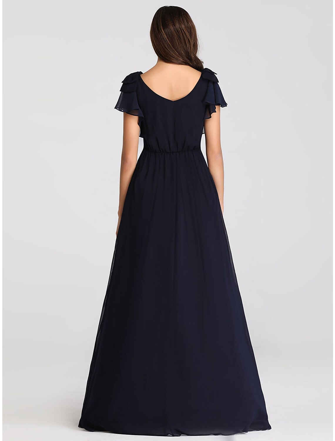 Abito da madre della sposa a trapezio, taglie forti, scollo a V, lunghezza al pavimento, in chiffon, maniche corte, con volant e arricciature