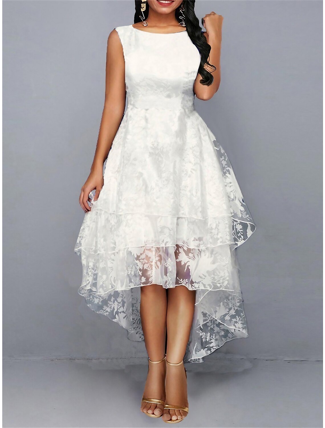 Abito in pizzo da donna, abito da ballo, abito da cocktail, abito midi, bianco, verde, grigio, senza maniche, floreale, in pizzo, estivo, primaverile, autunnale, girocollo, festa, compleanno, sera, festa, ospite di nozze