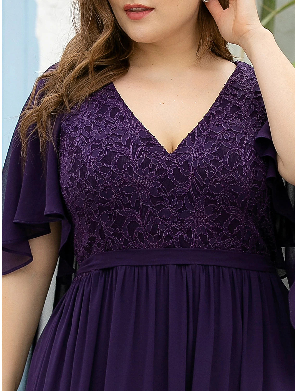 Abito da madre della sposa a trapezio, elegante, taglie forti, scollo a V, lunghezza pavimento, chiffon, tulle, mezza manica, con fascia/nastro