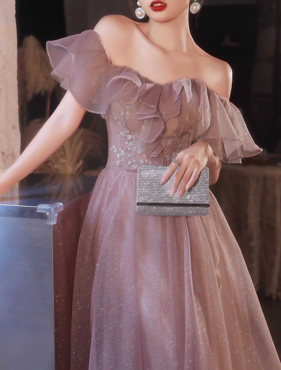 Vestido elegante de fiesta, formal, de noche, de cumpleaños, con hombros descubiertos, manga corta, largo hasta el suelo, de encaje con apliques, con espalda hermosa