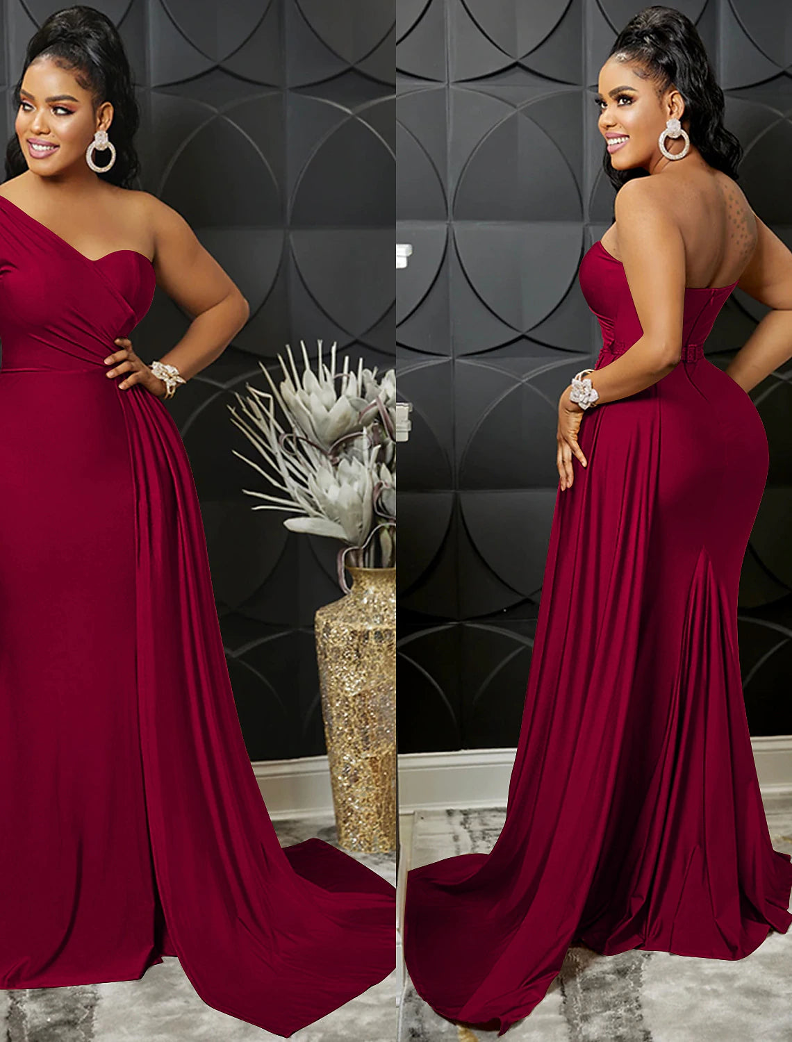 Abito da cerimonia da donna, abito da invitata a nozze, abito lungo aderente, abito lungo bordeaux, nero e blu, senza maniche, colore puro, patchwork, invernale, autunno, monospalla, sera, festa, slim