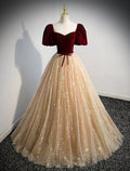 Abiti da ballo a trapezio, abiti da principessa, abiti da ballo di fidanzamento, lunghezza al pavimento, maniche corte, scollo a cuore, tulle con fiocco/i, paillettes