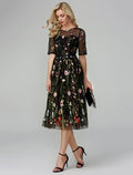 Black A-Line Tea-Length Evening Dress with Floral Embroidery