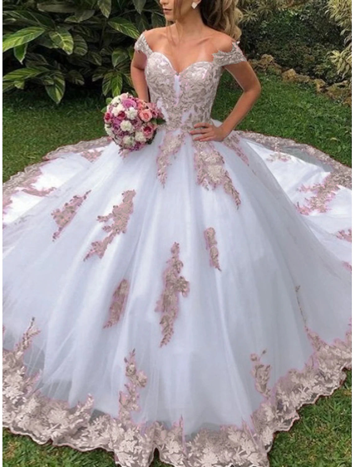 Vestidos de novia formales, vestido de baile, hombros descubiertos, manga corta, cola de corte, vestidos de novia de encaje con pliegues