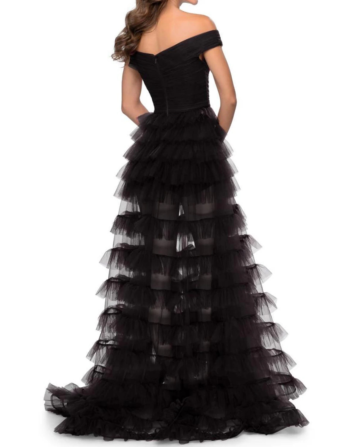Vestido de fiesta de baile, vestido de graduación, vestido plisado escalonado, baile de máscaras, cola larga/cepillo, sin mangas, escote corazón, tul, espalda en V con color puro