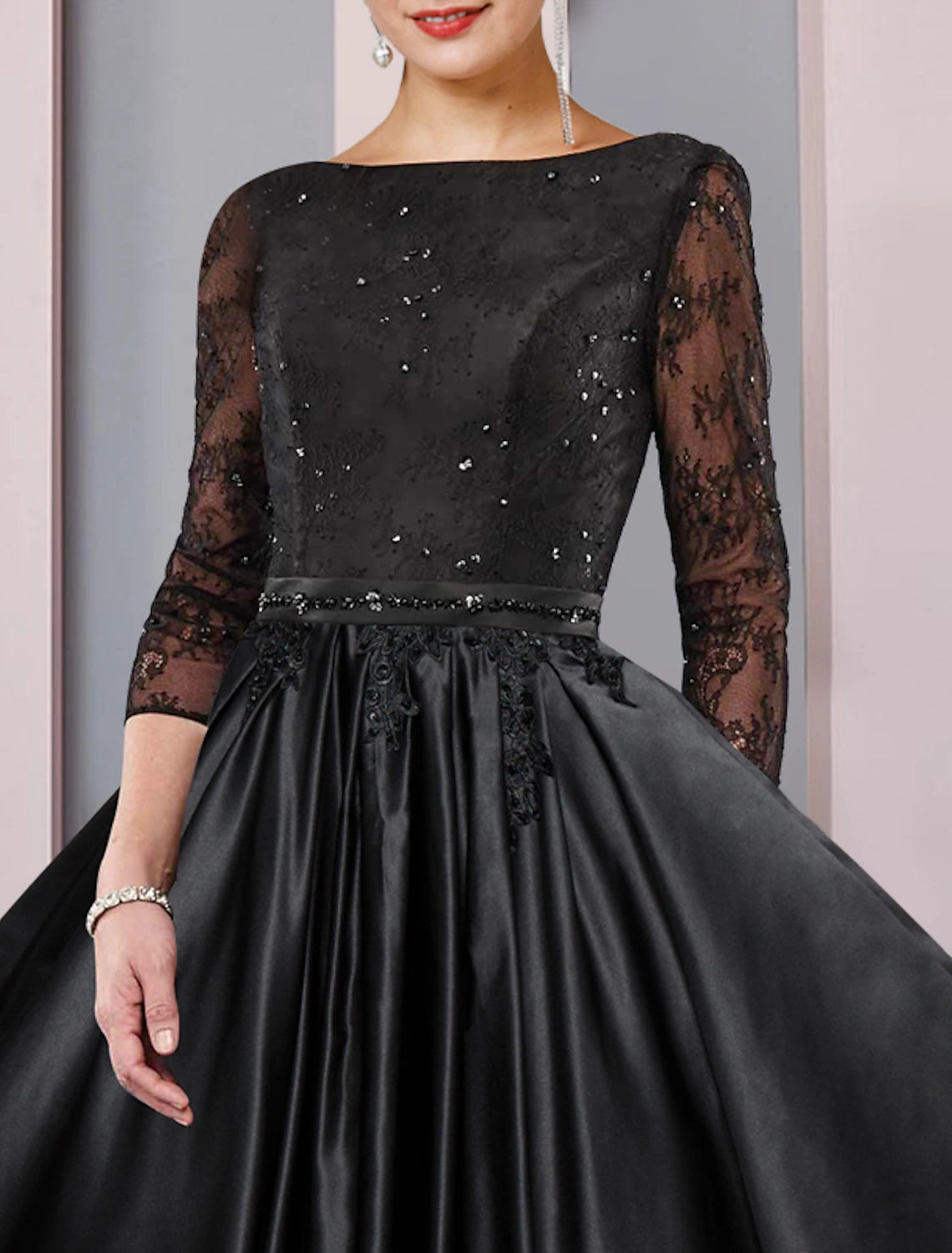 Vestido de madre de la novia de corte A, formal, para invitados a la boda, elegante, escote redondo, largo hasta la rodilla, encaje de satén, manga 3/4 con faja/cinta, pliegues