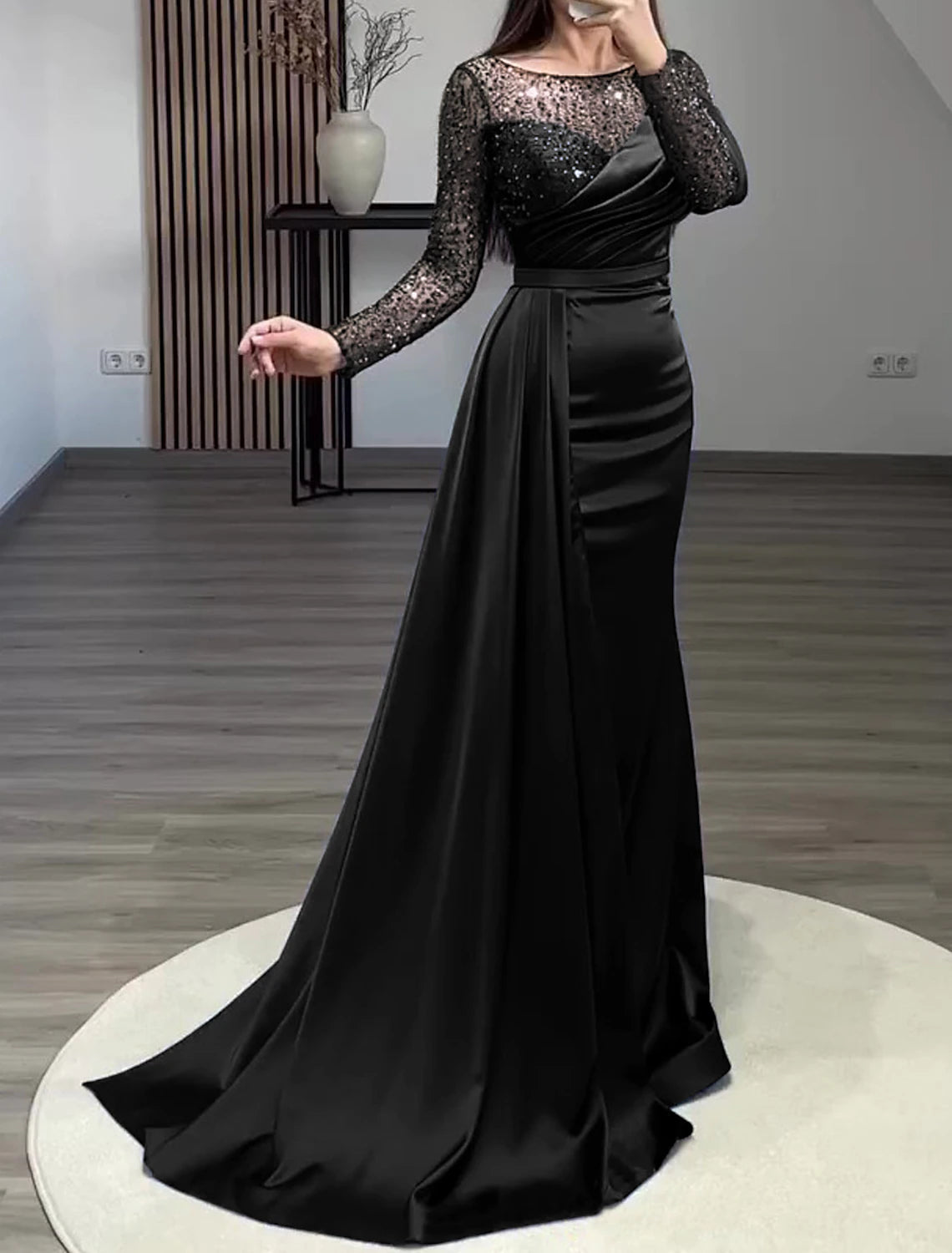 Vestido de sirena, vestido de noche, vestido rojo y verde, vestido formal de boda, para invitados, cola de corte, manga larga, cuello joya, charmeuse con perlas fruncidas y lentejuelas