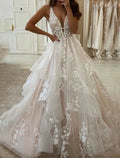 Ivory Lace V-Neck A-Line Floor-Length Bridesmaid Dress with Tiered Tulle Skirt