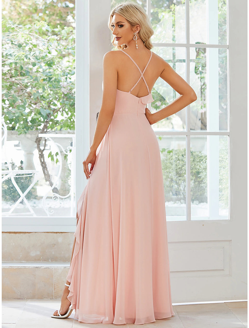 Abiti da sposa a trapezio, abiti casual da festa, lunghi fino al pavimento, senza maniche, spalline sottili, in chiffon con volant e spacco