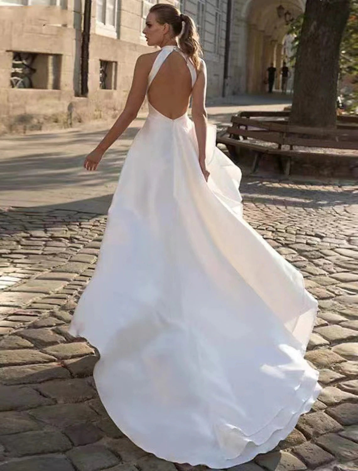 Reception Open Back Casual Wedding Dresses A-Line Halter Sleeveless Court Train Satin Bridal Gowns With Solid Color Summer Fall Wedding Party  Women's Clothing