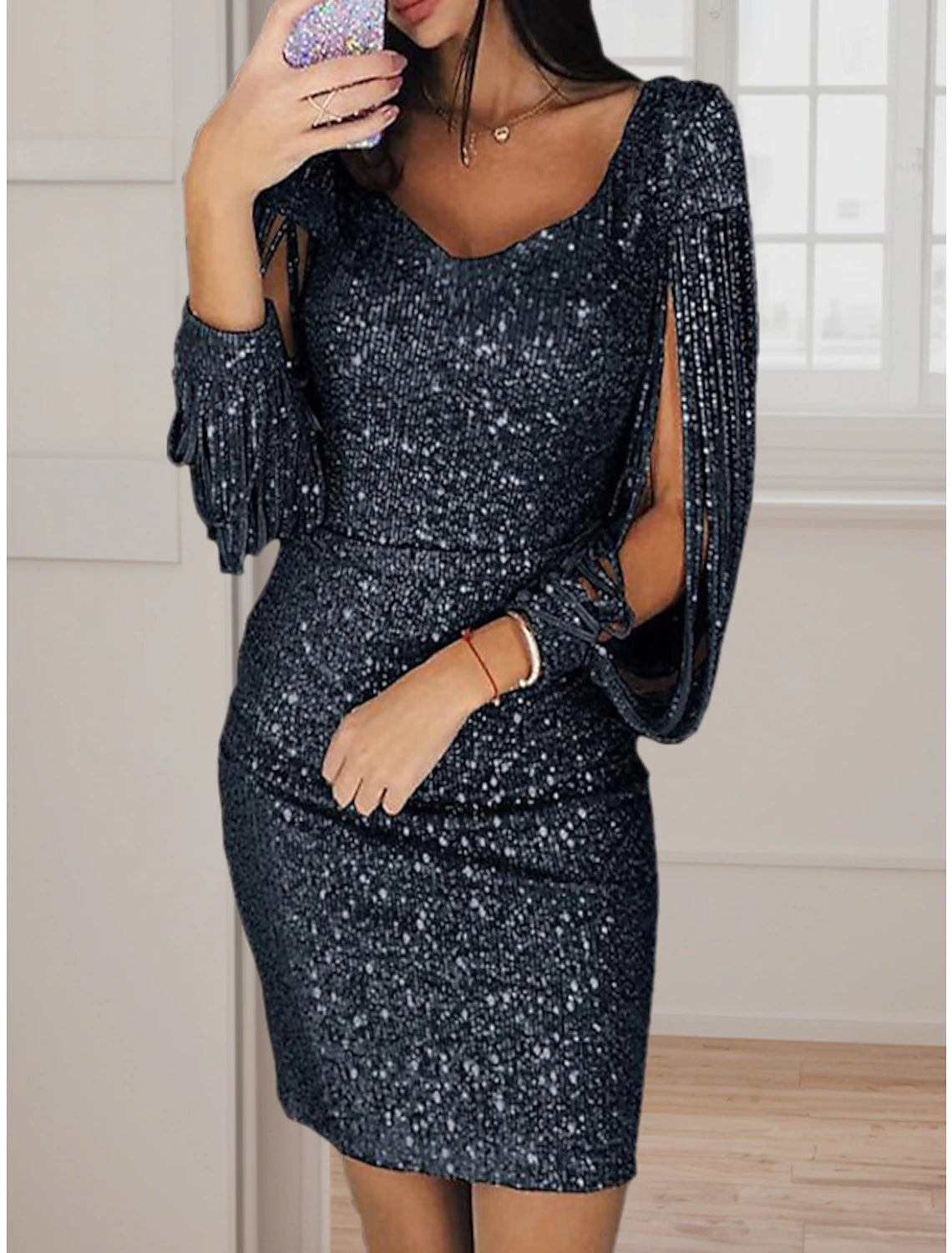 Abito da donna con paillettes argento, abito da festa, abito scintillante, abito da ballo, abito tubino, mini abito, argento rosa chiaro, manica a 3/4, tinta unita, primavera autunno, scollo a V, elegante