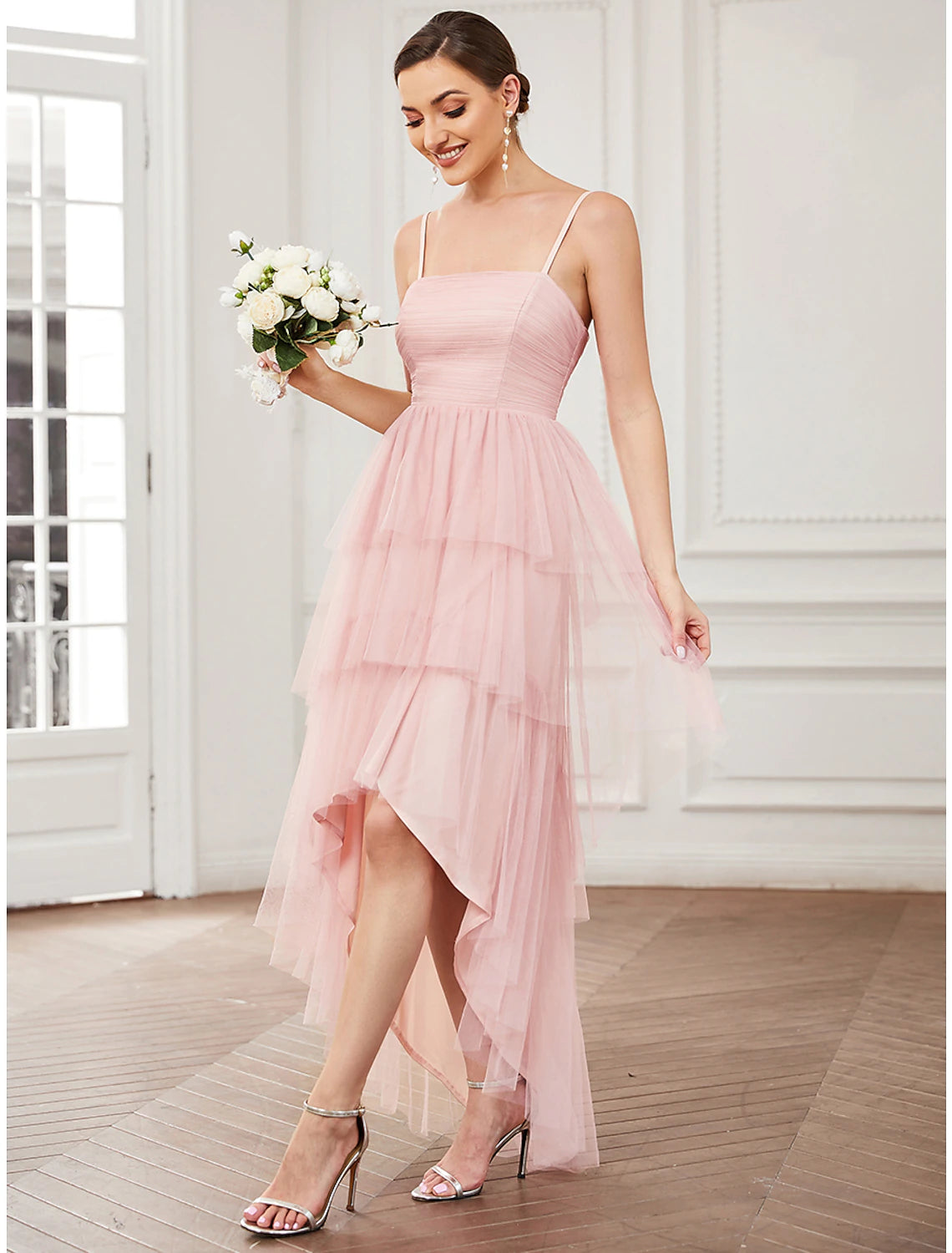 Blushing Pink Tulle A-Line Asymmetrical Bridesmaid Dress