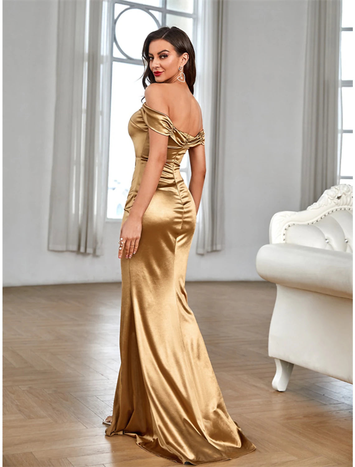Burgundy Velvet Off-the-Shoulder High Slit Floor-Length Gown