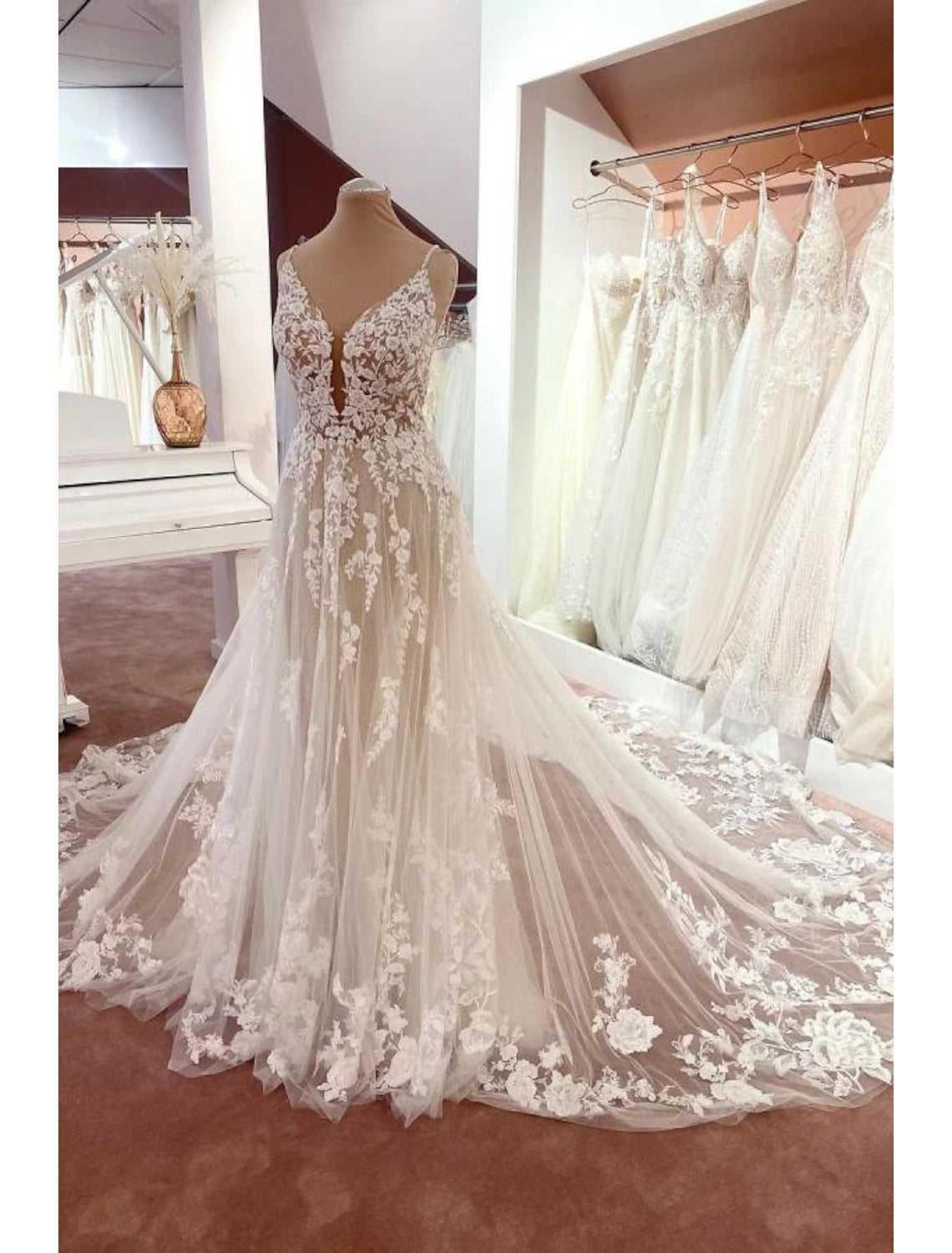 Ivory Lace A-Line V-Neck Floor-Length Bridesmaid Dress with Floral Appliques