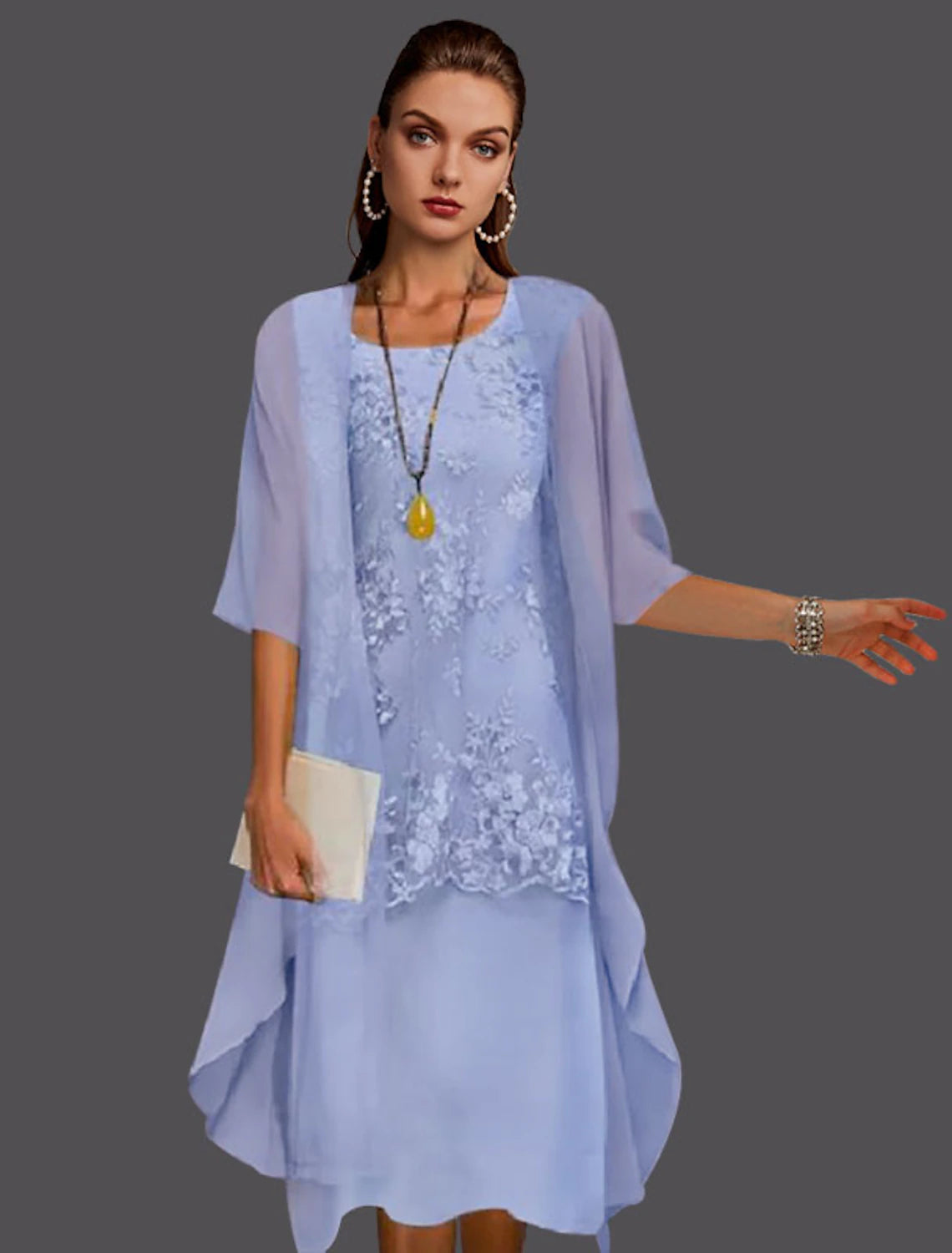 Lavender Chiffon A-Line Knee-Length Dress with Square Neck, Lace Bodice Overlay & Sheer Jacket