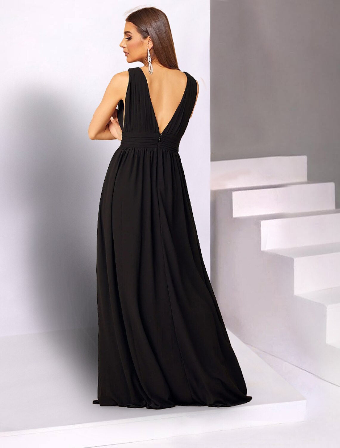 Elegant Black Chiffon A-Line Floor-Length Gown with Plunging V-Neck & High Slit