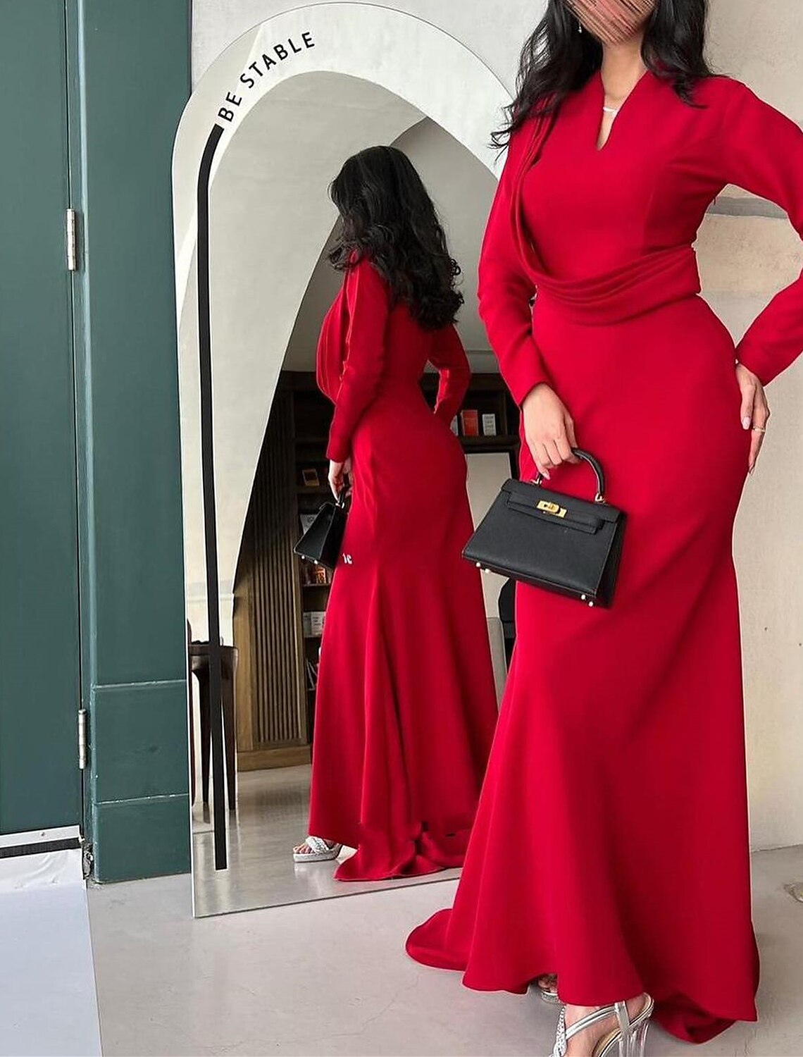 Mermaid Evening Gown Sparkle & Shine Dress Christmas Red Green Dress Sweep / Brush Train Long Sleeve V Neck  Fabric with Ruched 2025