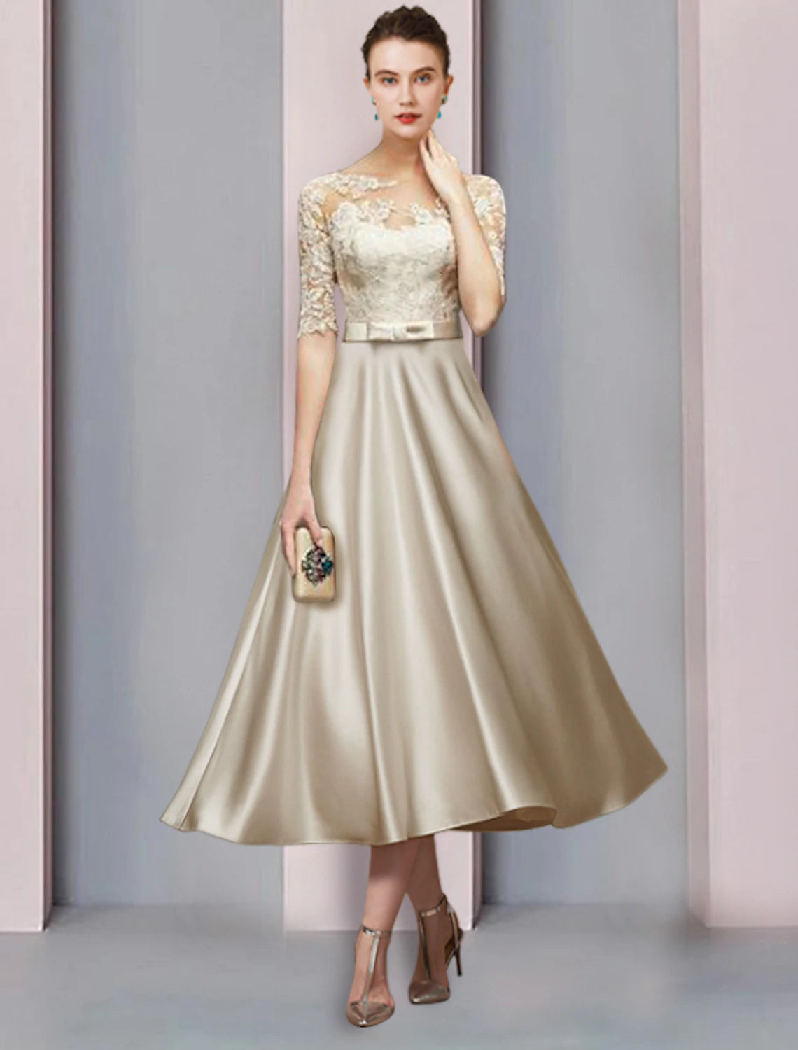 Abito da cerimonia per la madre della sposa, a tubino, con scollo a barchetta, lunghezza tè, in raso, in pizzo, a mezza manica, con fiocco/i e pieghe