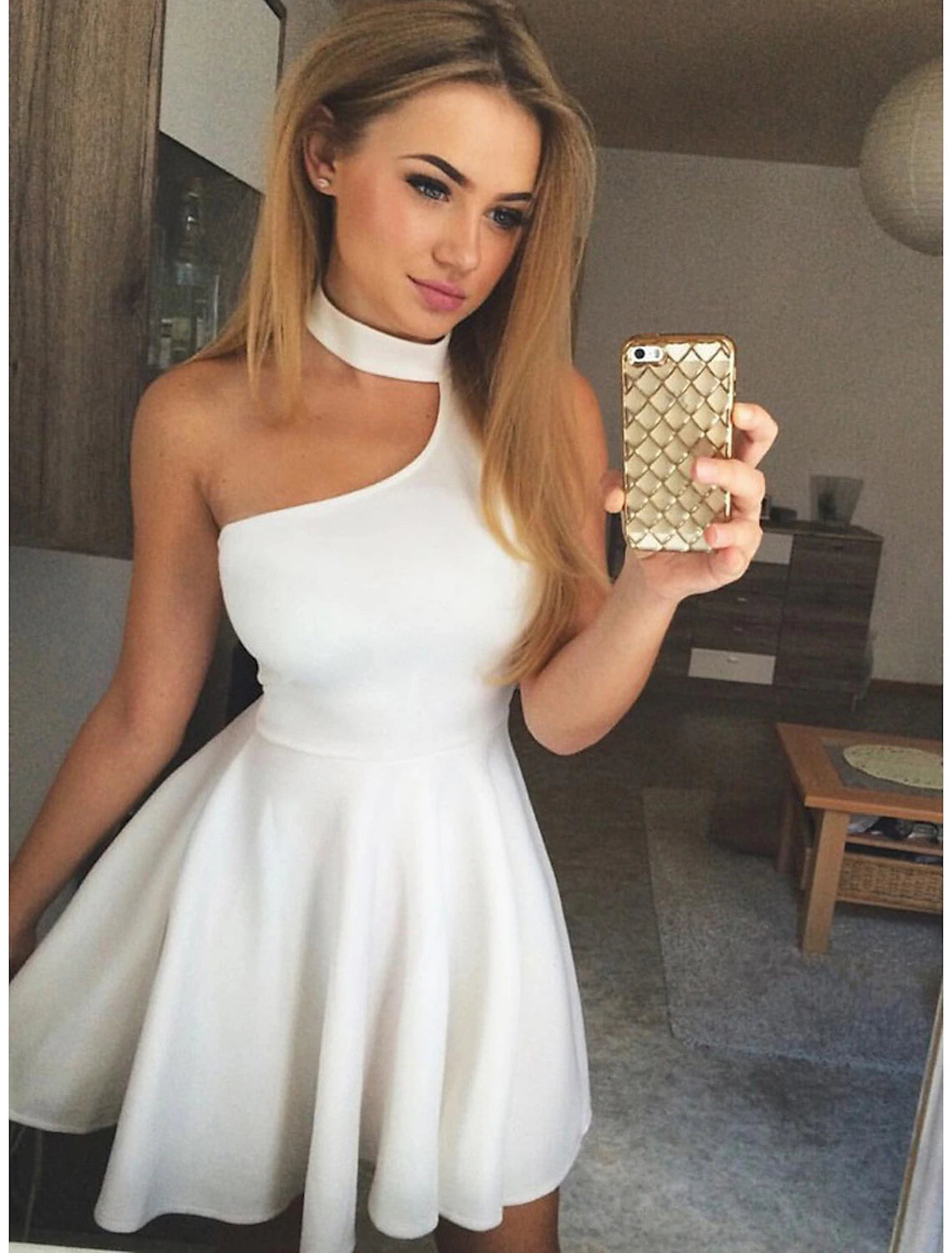 A-Line Cocktail Dresses Minimalist Dress Party Wear Cocktail Party Short / Mini Sleeveless Halter Neck  Fabric with Pleats