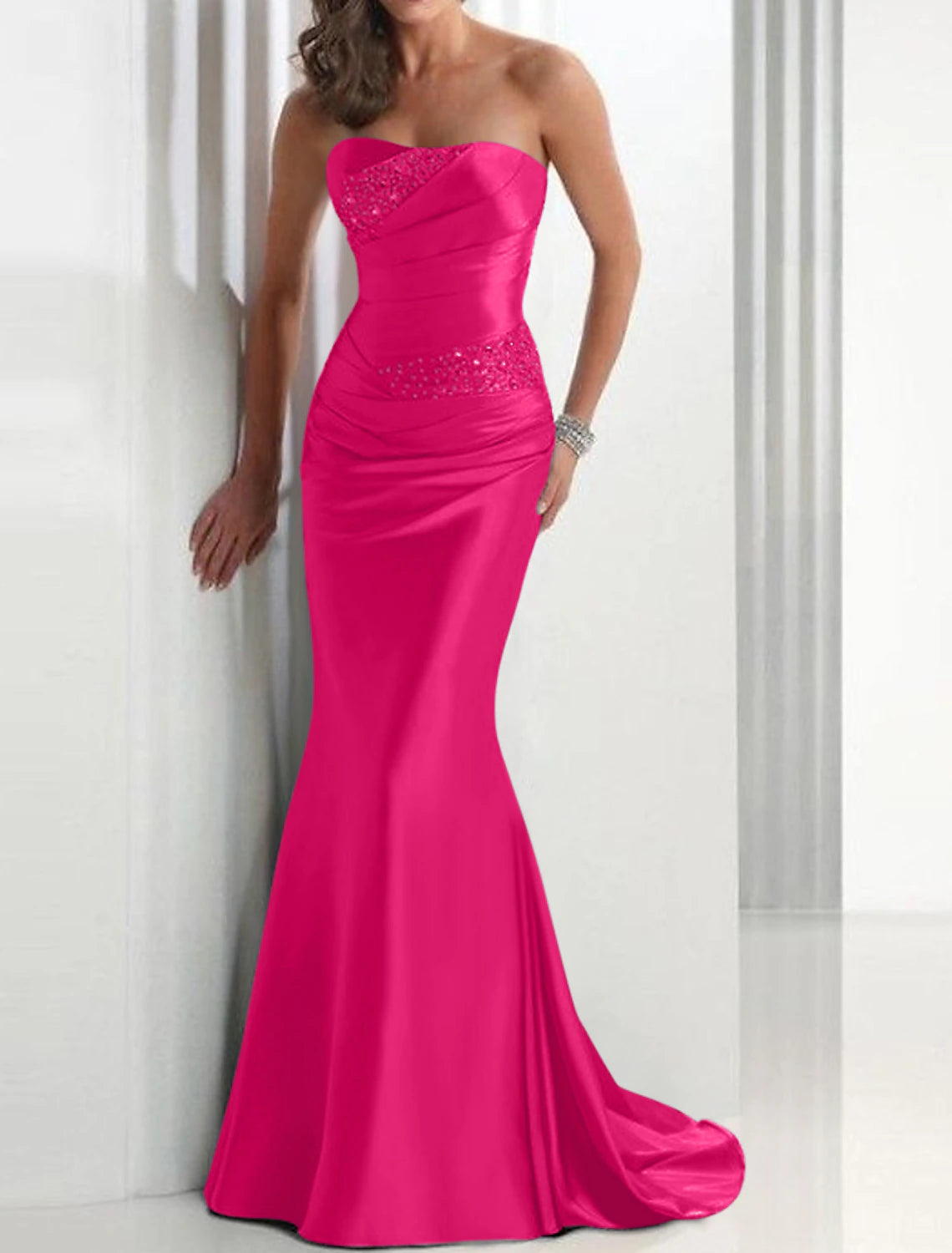 Red Satin Floor-Length Sheath/Column Evening Dress with Ruched Bodice